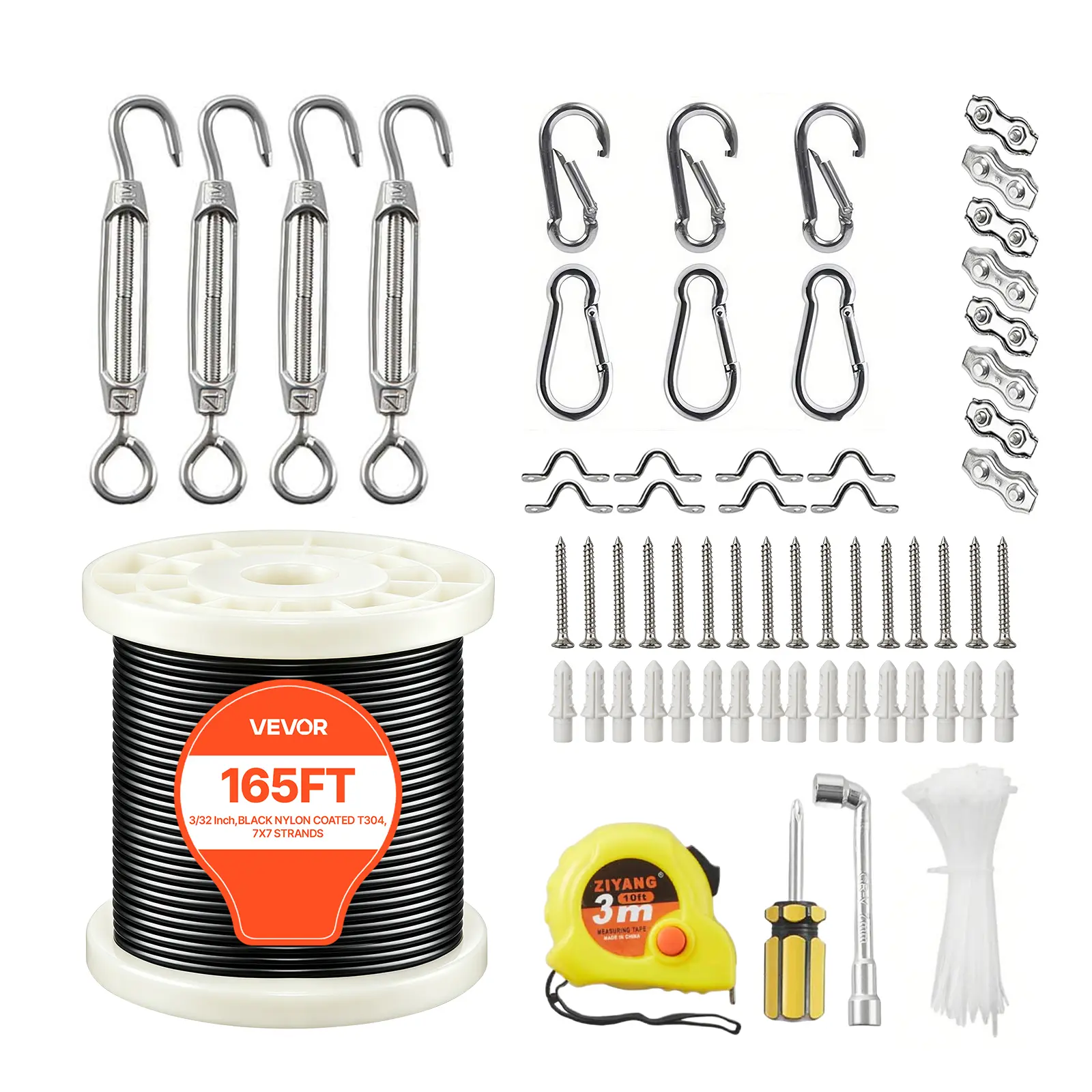 3/32 Inch Wire Rope Kit, 165 ft Length, 304 Stainless Steel Wire Cable, 450 lbs Breaking Strength, 7 x 7 Strands Construction, Steel Cable for Deck Railing System, Garden Trellis, String Lights