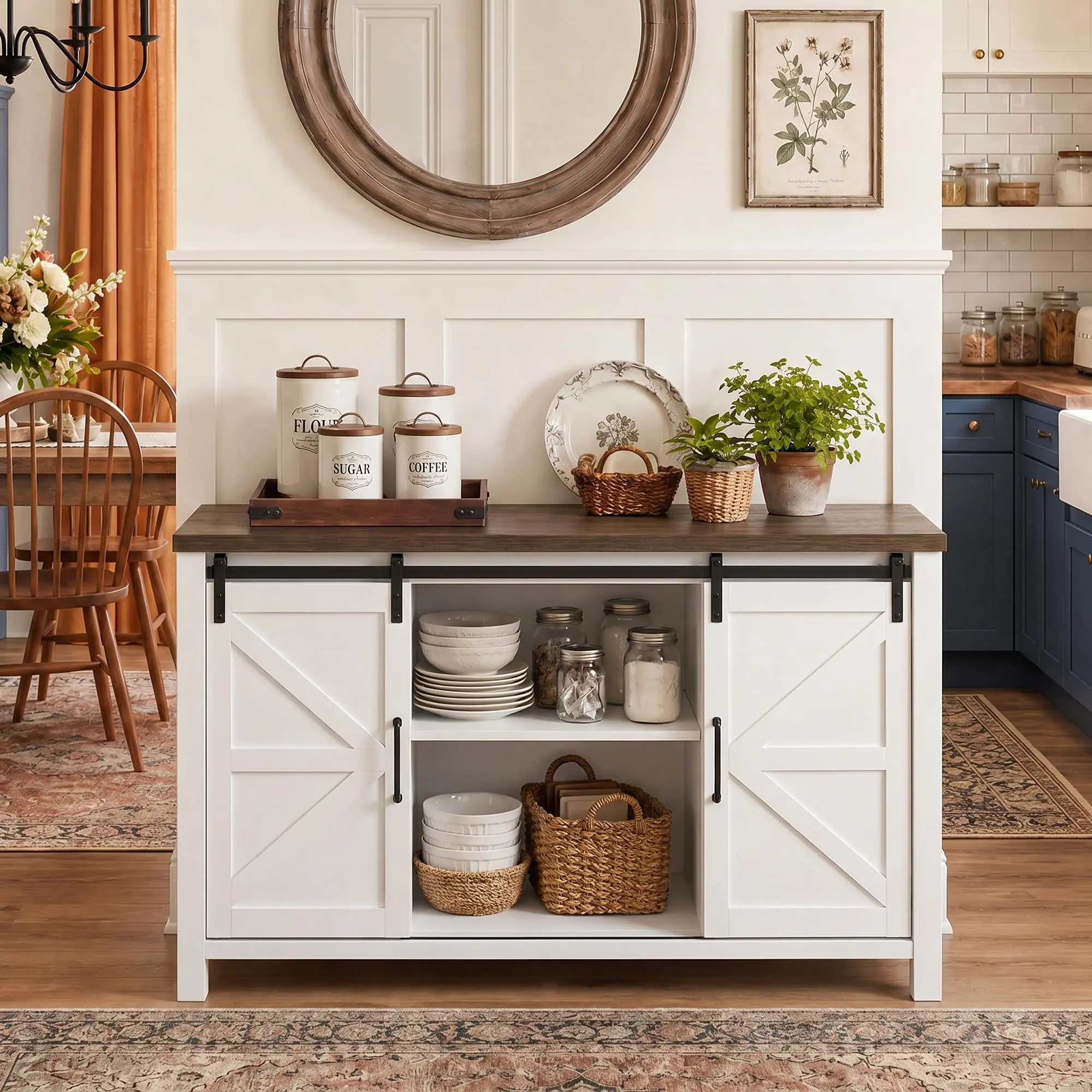 58 Inch Sideboard Buffet Cabinet with Barn Door | Farmhouse Storage Cabinet with Open Shelf & Hidden Cabinet, Sliding Door Console for Living Room, Dining Room & Entryway