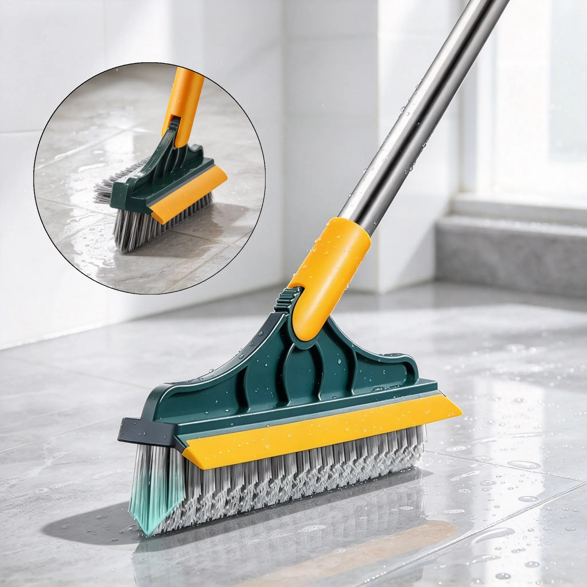 3 in 1 Floor Brush Scrubber with Long Handle Grout Brush Stiff Bristle Cleaning Scrub Brush with Squeegee 120 ° Rotating Tile Brush for Cleaning Bathroom Glass Patio Kitchen