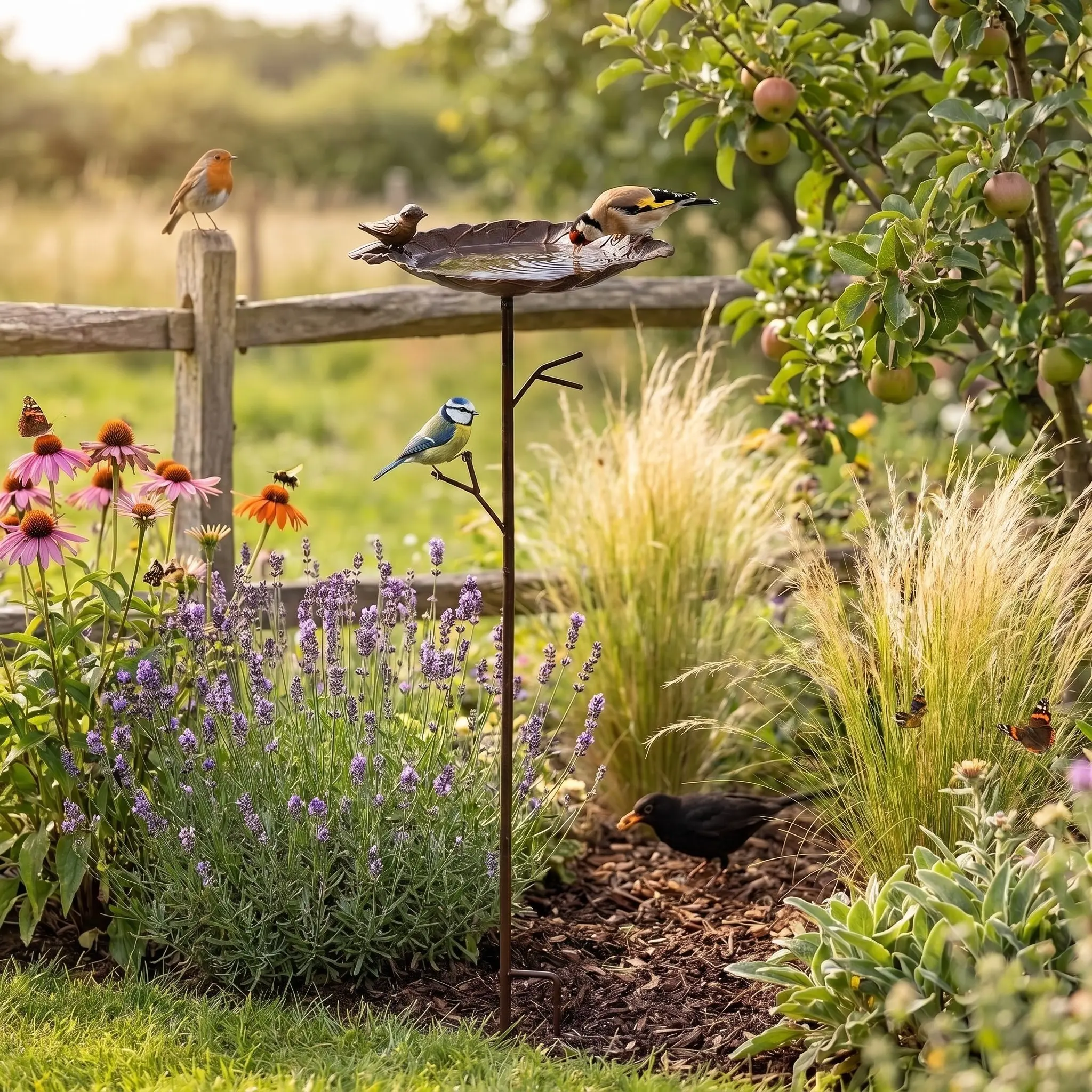 Floral Bee Waterer & Hummingbird Feeder for Outdoors, 30-Inch Metal Leaf Bird Bath Stake, Easy-Install Water Station for Birds, Bees and Butterflies, Garden Yard Patio Decor