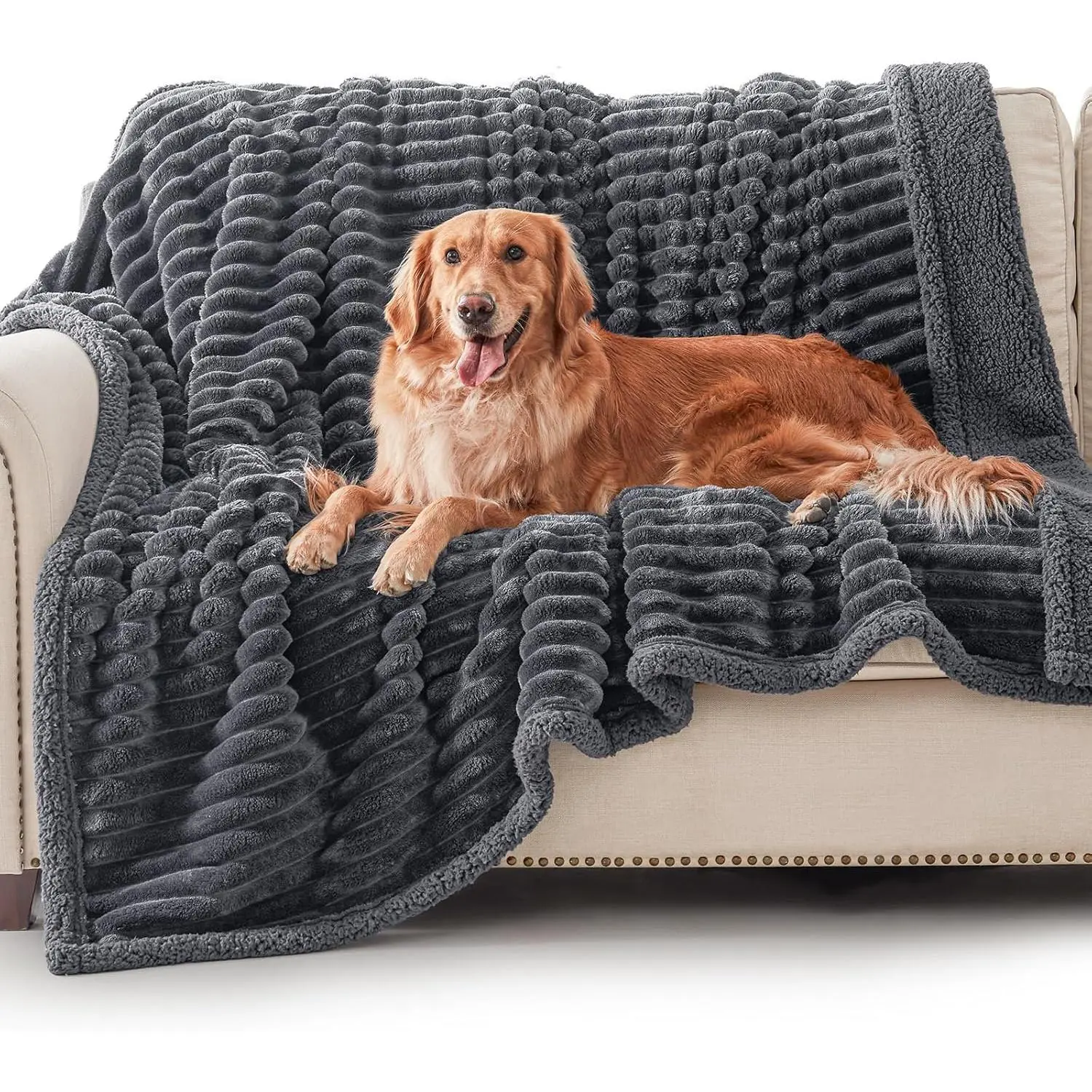 AIPERRO Waterproof Dog Blanket for Large Dogs, Washable Soft Puppy Cat Blanket Flannel Cotton Velour for Sofa Couch Protector, Comfort & Security Reversible Bed Protection for Pet, 50"X60", Gray