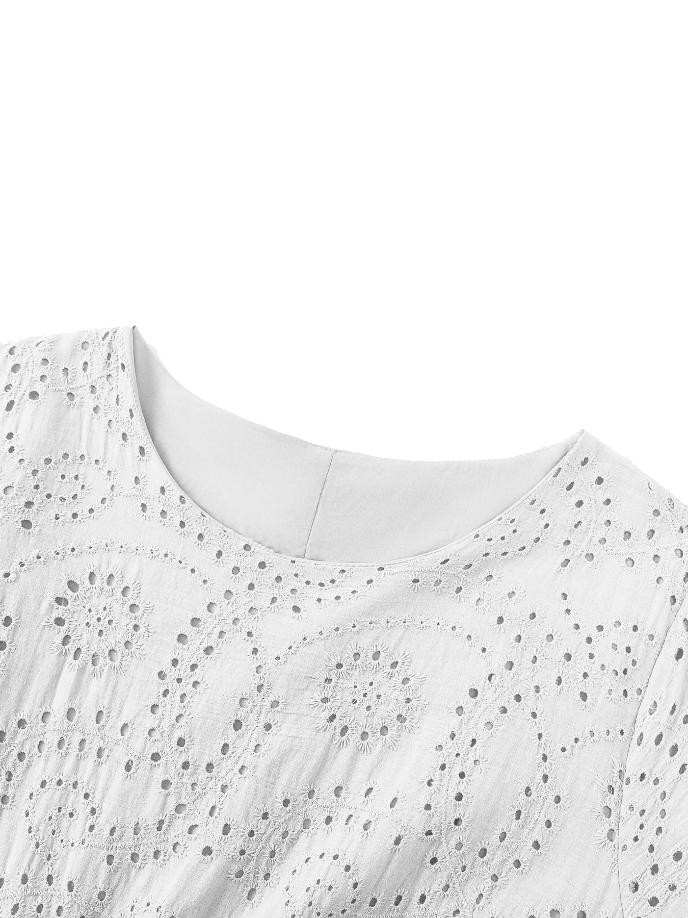 Plus Size Lightweight Plain Eyelet Embroidered Dress, Boho Bohemian Fashion Round Neck Short Sleeves Casual Dress for Daily Wear, Holidays and Vacations, Women's Plus Clothing for Summer, Womenswear