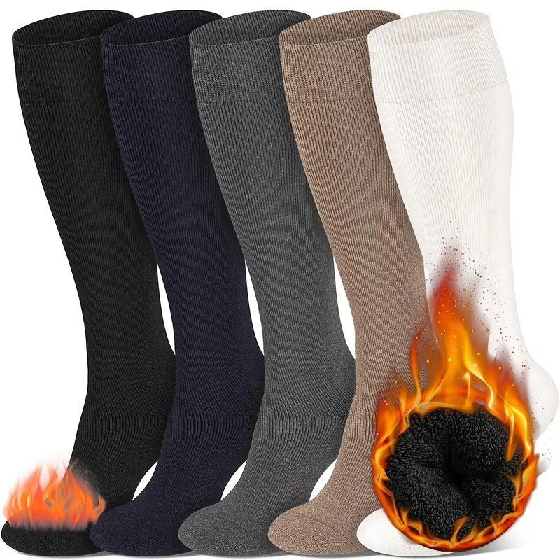 5-Pair Men's Thermal Knee-High Socks - Thick -Lined Calf Socks, Ideal for Hiking, Travel, Work, Home, Camping, Winter, and Gifting