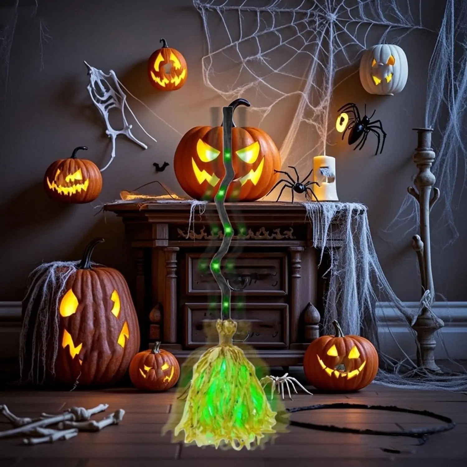 Halloween Witch Broom Light, Sound-Activated LED Broom, 35-Inch Dynamic Broom with Leds, Spooky Sounds, Indoor/outdoor Decor