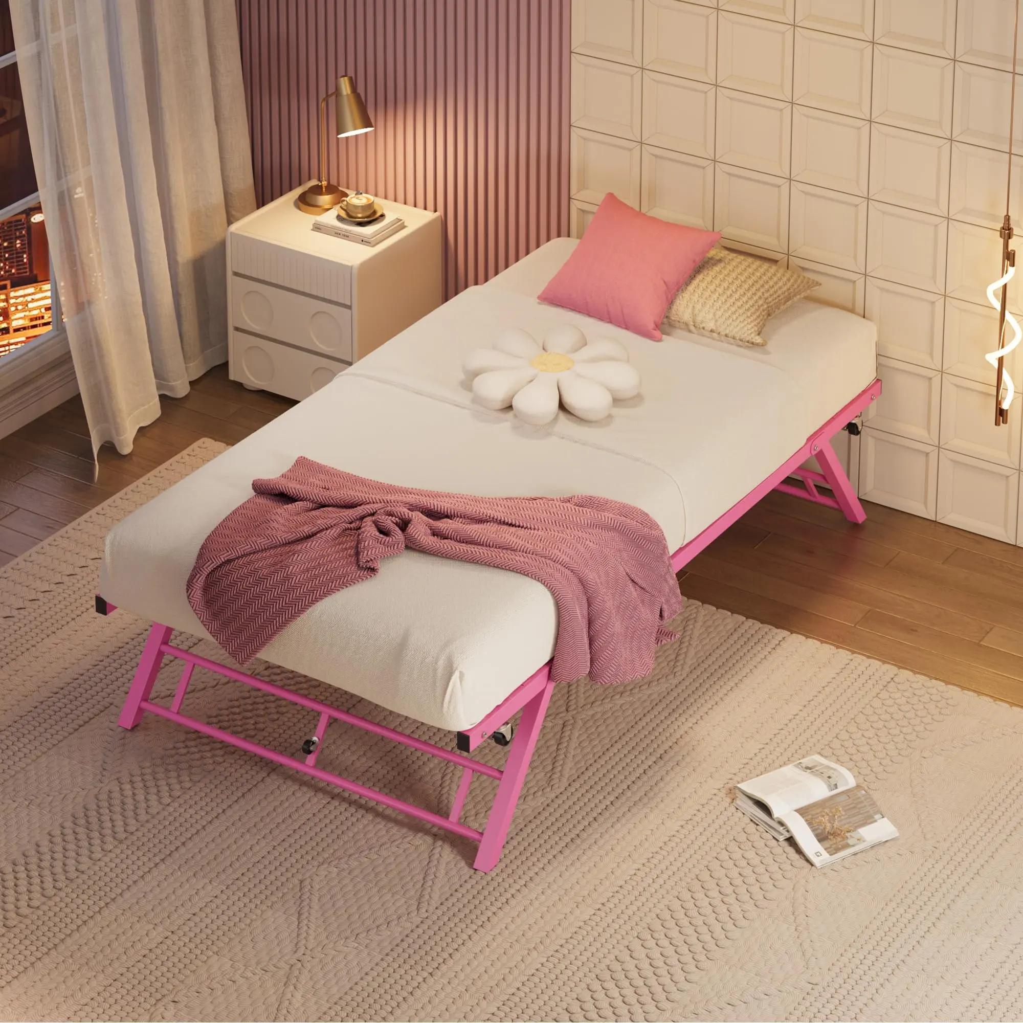 Twin Trundle Bed Frame – Pop-Up Day Bed with Foldable Metal Platform, Lockable Casters, and Durable Metal Slat Support