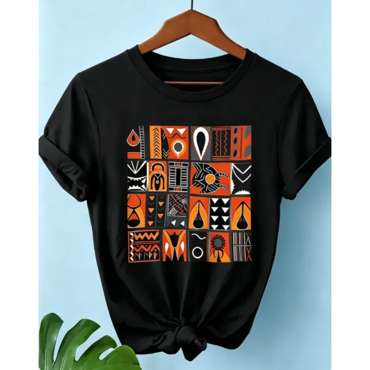 Women's Short-Sleeve Cotton T-Shirt - African Tribal Geometric Grid Abstract Ethnic Totem Graphic, Cute Streetwear Outfit, Perfect Gift for Lady Ethnic Art Lovers, Casual Daily Top, Shortsleeve, Round Neck