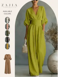 Women’s V Neck Wide Leg Jumpsuit, Elegant Office, Business Casual Workwear, Chic Dressy One Piece for Women