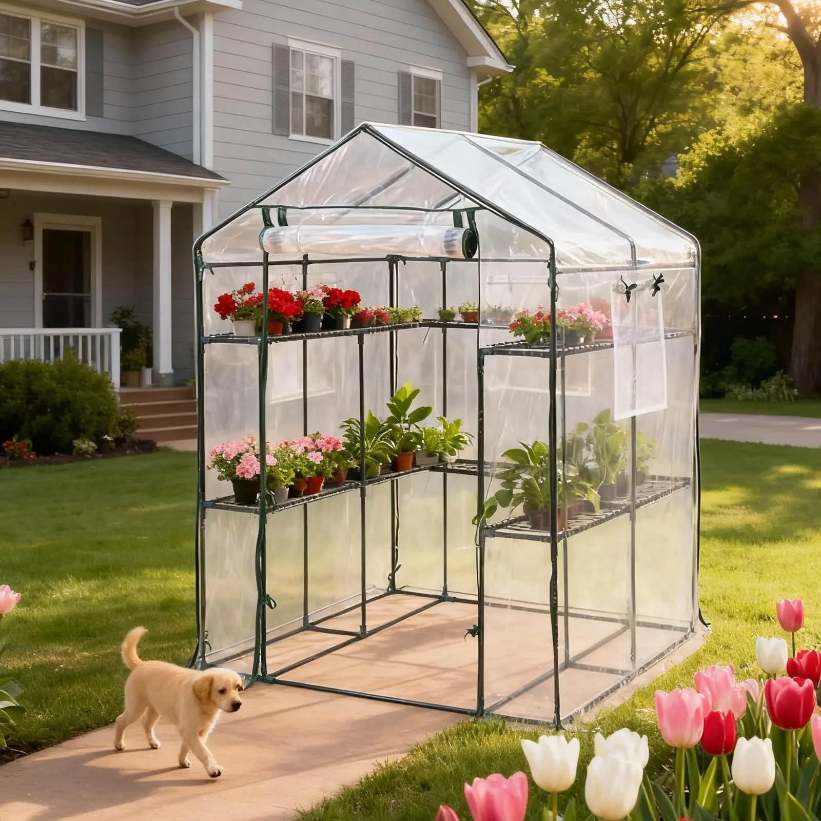 Heavy Duty Walk-In Greenhouse Tent – 3 Tiers, 12 Shelves, Sturdy Steel Frame, Thick Clear PE Cover, Mesh Panels & Clips, Roll-Up Zipper Door, Side Windows, Easy Assembly – Portable Plant Shelter for Balcony, Vegetables & Flowers, 143x143x195cm