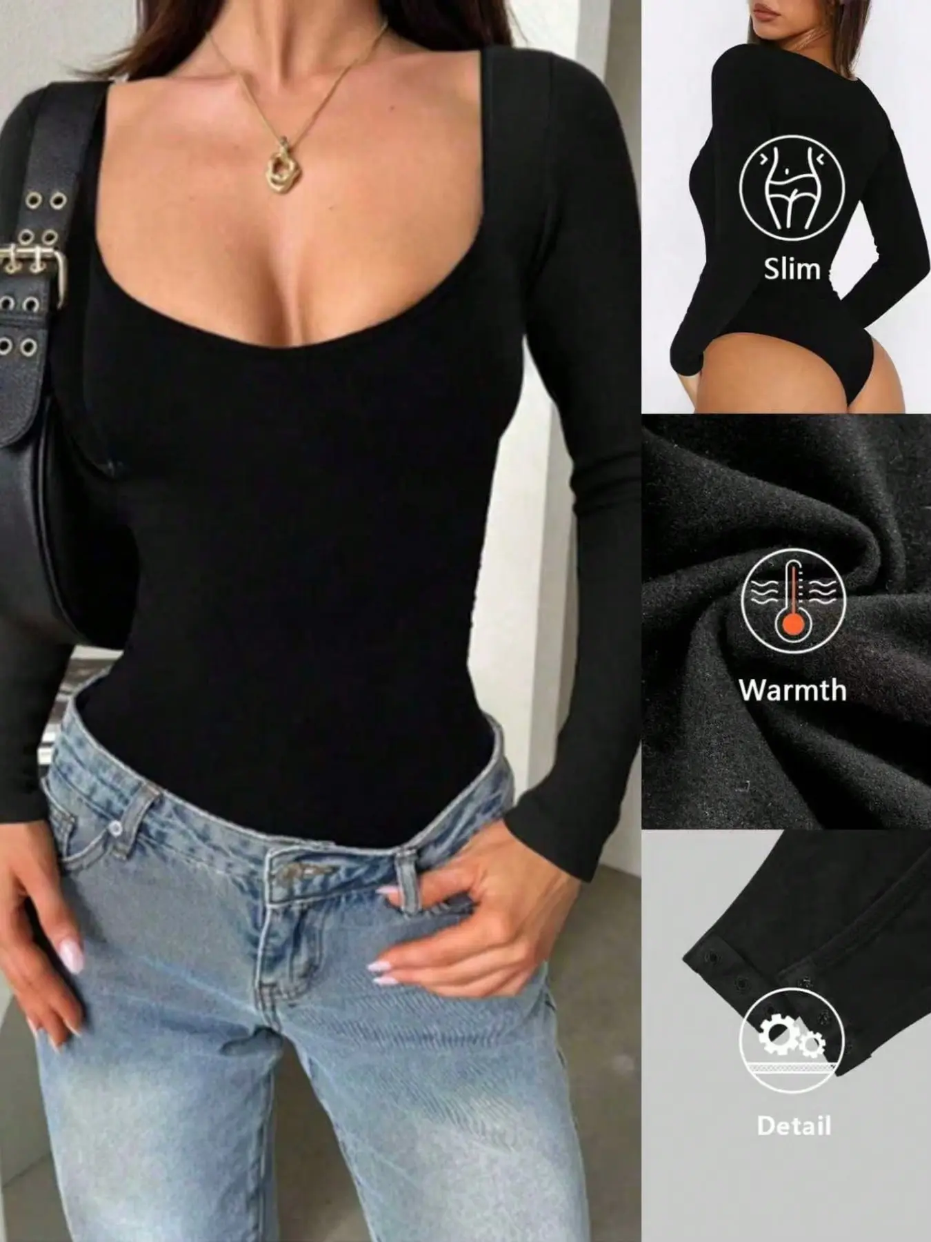 Women's Seamless Round Neck Long Sleeve Bodysuit, Fleece Lined Warm Comfortable Fit Fashion Full Body Design, Suitable for Daily Wear