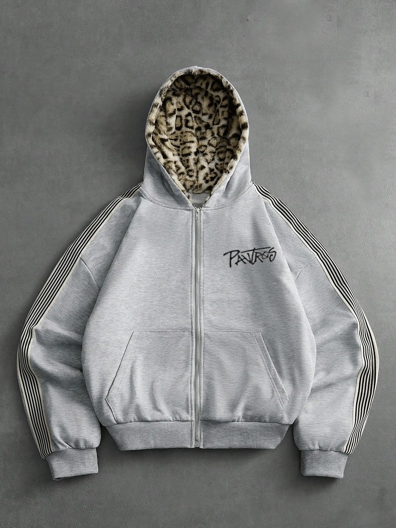 Men's Heather Grey Cropped Zip Up Hoodie Jacket, Leopard Print Lined Hood, Multi Striped Long Sleeves, Graffiti Script Chest Embroidery Oversized Loose Retro Y2K Streetwear Thermal Hooded Sweatshirt with Kangaroo Pocket for Men