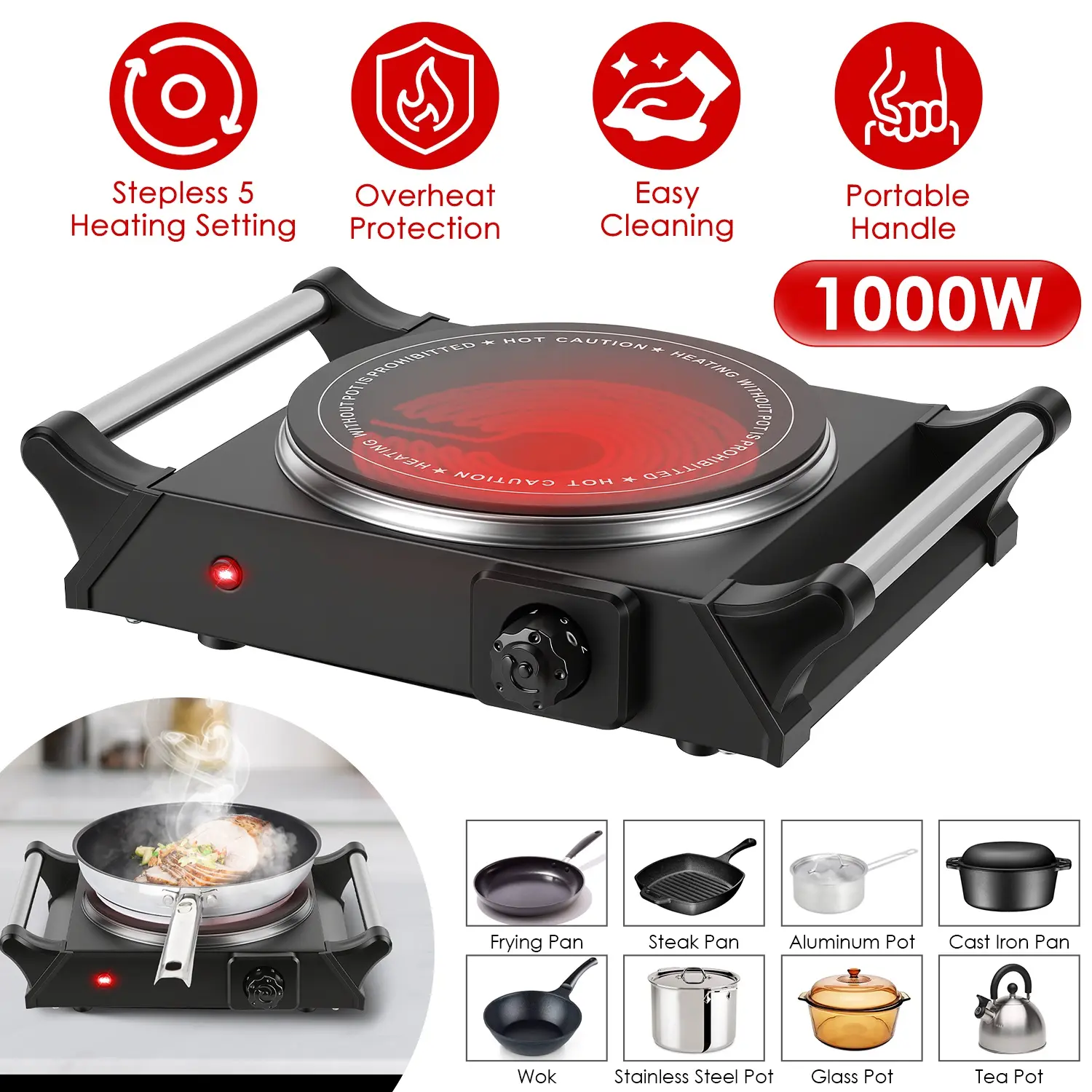 1000W Portable Electric Single Burner Hot Plate Stove - Metal Countertop Heating Appliance (31.5x24x8.5cm) with 5 Stepless Temperature Adjustments, Portable Handles for Campers, Caravans, Adventure-Seekers, Rv’s