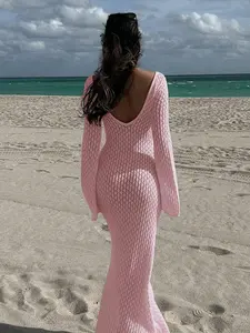 Women's Long Sleeve Beach Dress, Elegant Bohemian Style, V-Neck Design, Summer Fashion, Lightweight Cover Up, Detailed Cut-Outs, Perfect for Beachwear