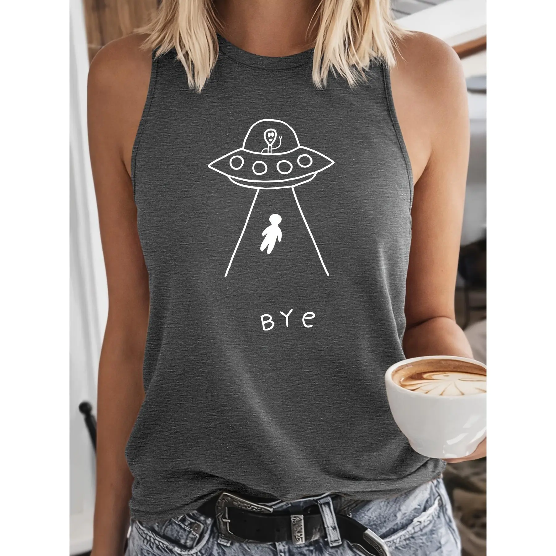 Women's Alien Abduction "BYE" Print Tank Top - Retro Alien-Themed Sleeveless Shirt with BYE Graphic, Round Neck Non- Blouse Top Suitable for Parties, Daily Wear & Spring Summer Outfits, Machine Washable Casual Clothing