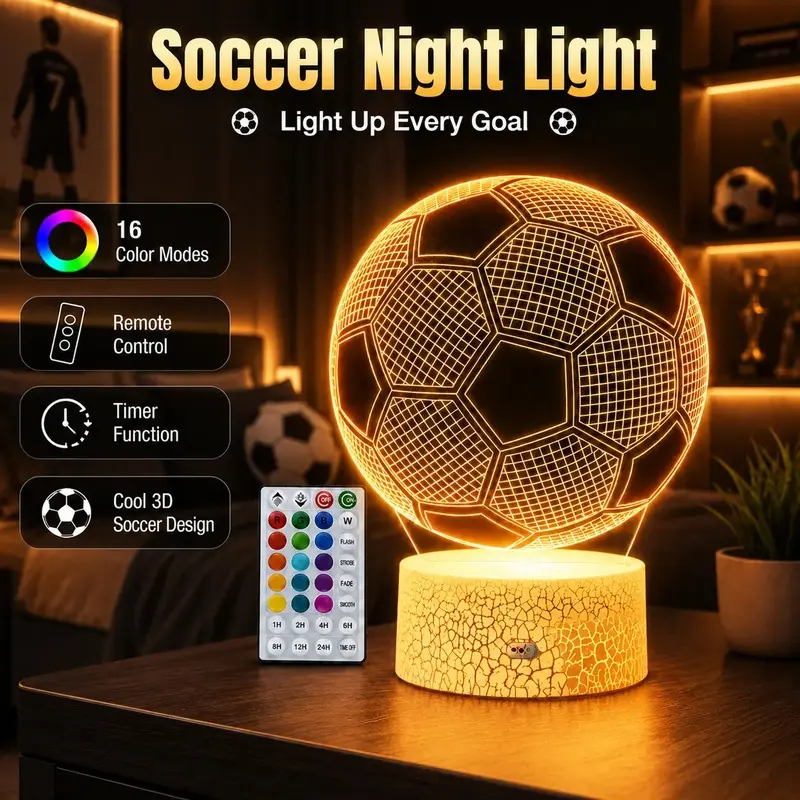 3D Optical Illusion Football LED Night Light, Remote and Touch Control, USB Powered, Fun Decorative Lamp, Bedroom Gift for Teens