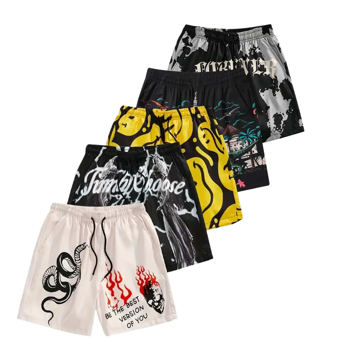 Men's 5-Pack Sporty Chic Graphic Shorts, Breathable Athletic Style with Letter Design & Deep Pockets for Gym, Pool, Beach Day, Men’s Shorts, Polyester Clothes, Quick-Dry, Dry Clean, Lightweight