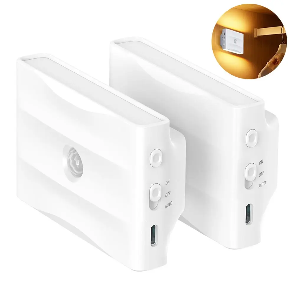 2/4-PACK Rechargeable Smart Magnetic Night Light Set Warm White Motion Sensor LED Night Light Type-C Charging Indoor Wireless Stair Light 3 Lighting Modes: Auto/On/Off Ideal for Stairs, Hallways, Kitchens, Closets, Cabinets, Bedrooms