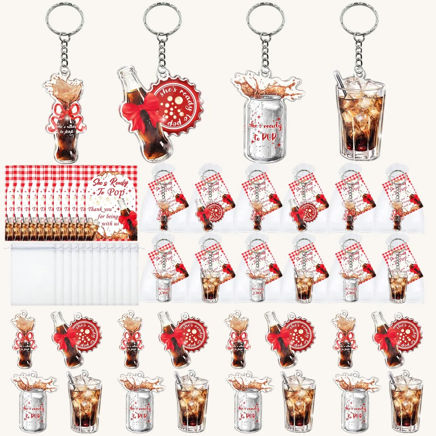 72 Pieces Total "She’s Ready to Pop" Themed Baby Shower Decorations & Packaged Party Gifts Set, Keychain Set with 24 Keychains, 24 Tags, Includes Bags, Long-Lasting Print for Baby Shower, Soda Themed Party, Party Favor Pack