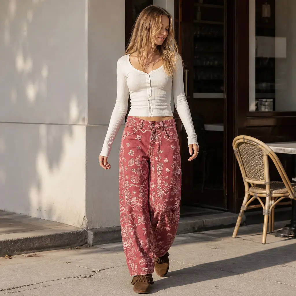 Women's Mid-Rise Bandana Paisley Print Barrel Jeans - Boho Vintage Baggy Cropped Wide-Leg Denim Pants with Pockets (Y2K Casual Style)