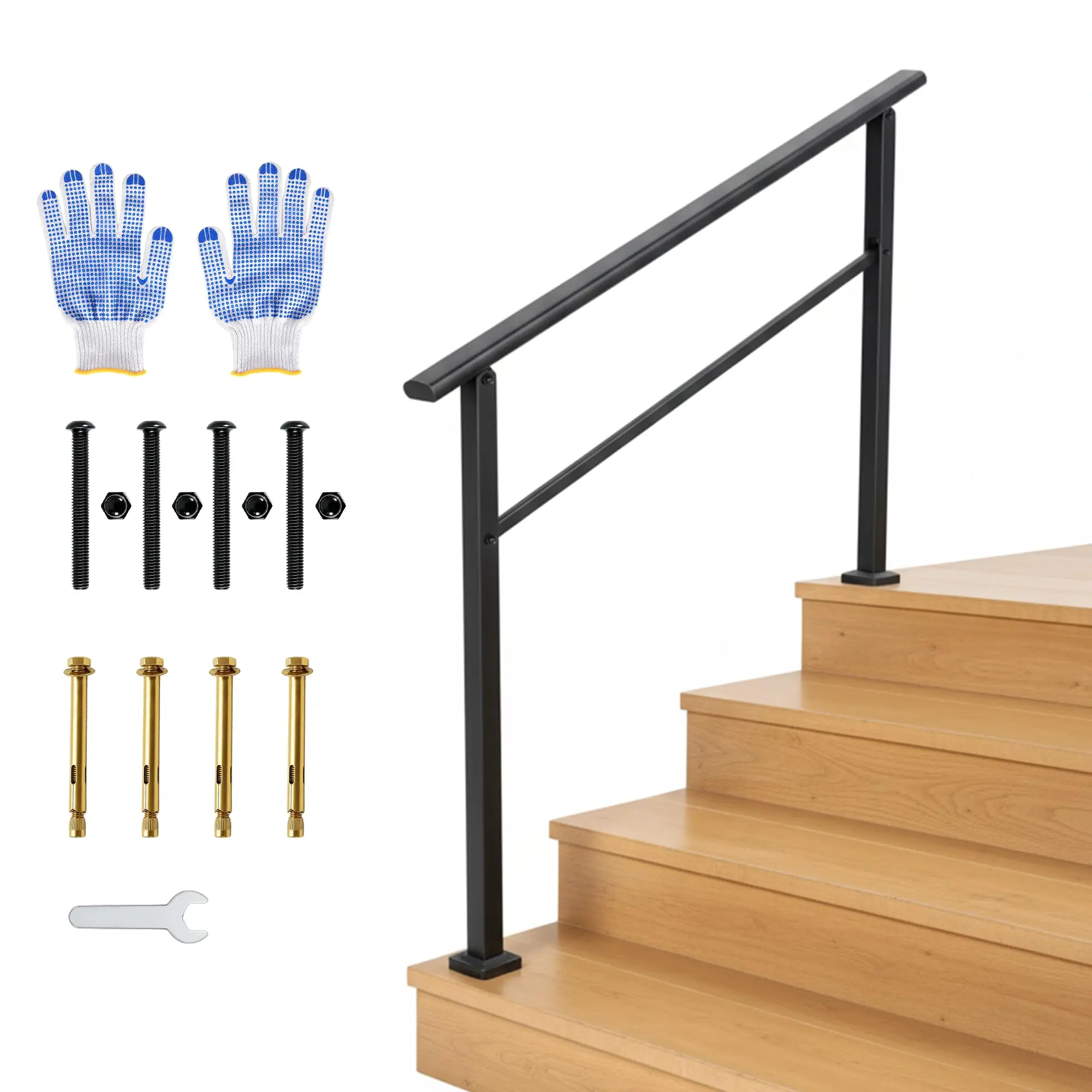 Garvee Outdoor and Indoor Stair Handrails Kit, 4-Step Aluminum Black Railing with Iron Posts for Interior Steps and Porch Safety