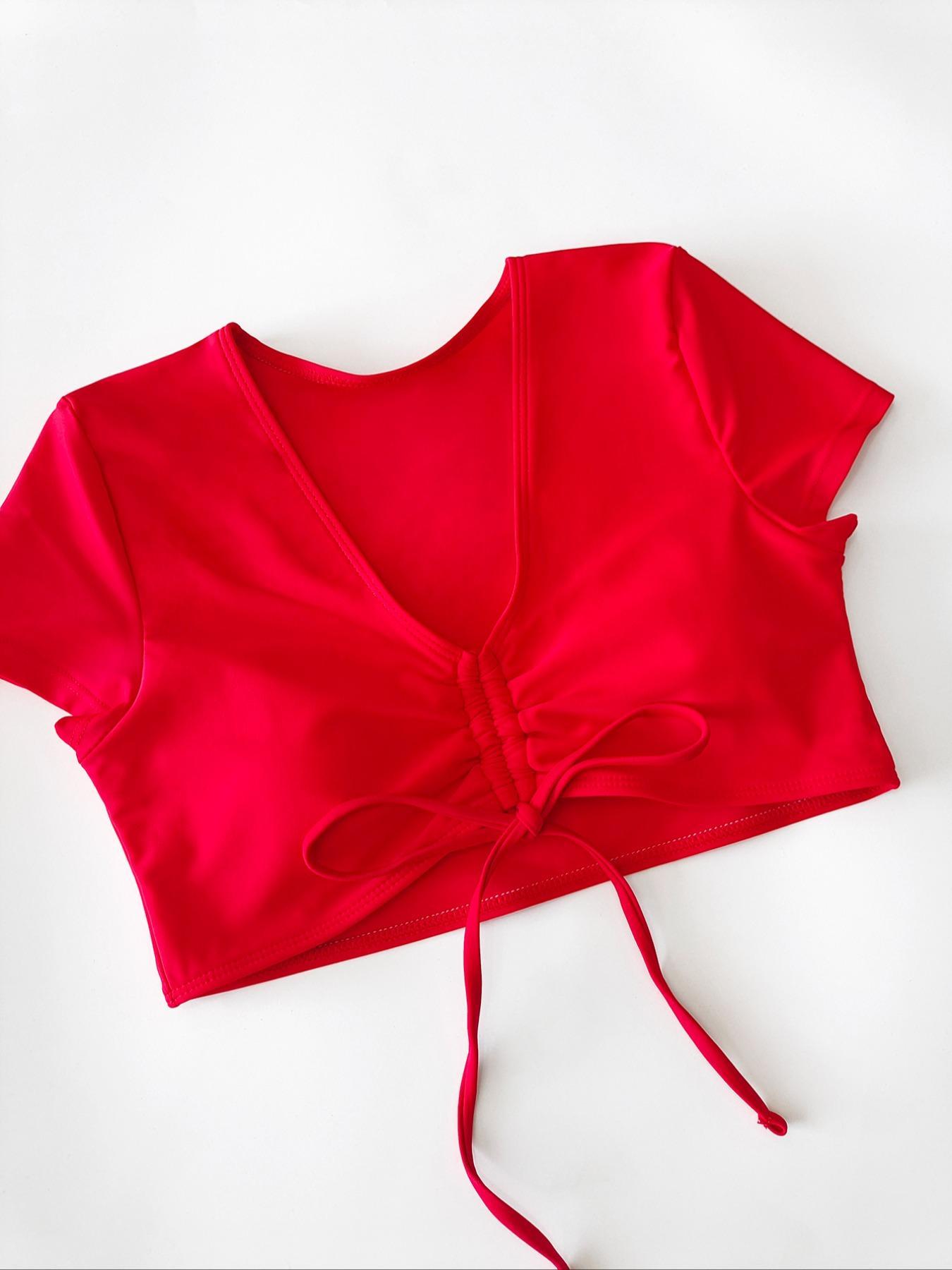 Two-Piece Set Women's Solid Ruched Drawstring Skinny Swimsuit Set, Casual V Neck Short Sleeve Tie Front Swim Top & High Waist Drawstring Side Swim Shorts, Ladies Summer Beach Holiday Vacation Swimwear, Tankini With Shorts