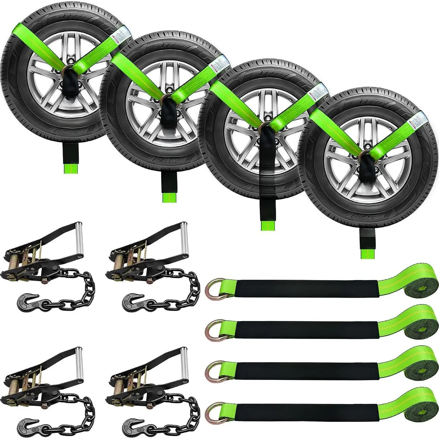 4 Pack  Tie Down Straps for  - 2" x 96" - 9900LBS Break Strength - Tire Ratchet Straps with Heavy Duty Chain Anchors for Hauling UTV, SUV, , Any