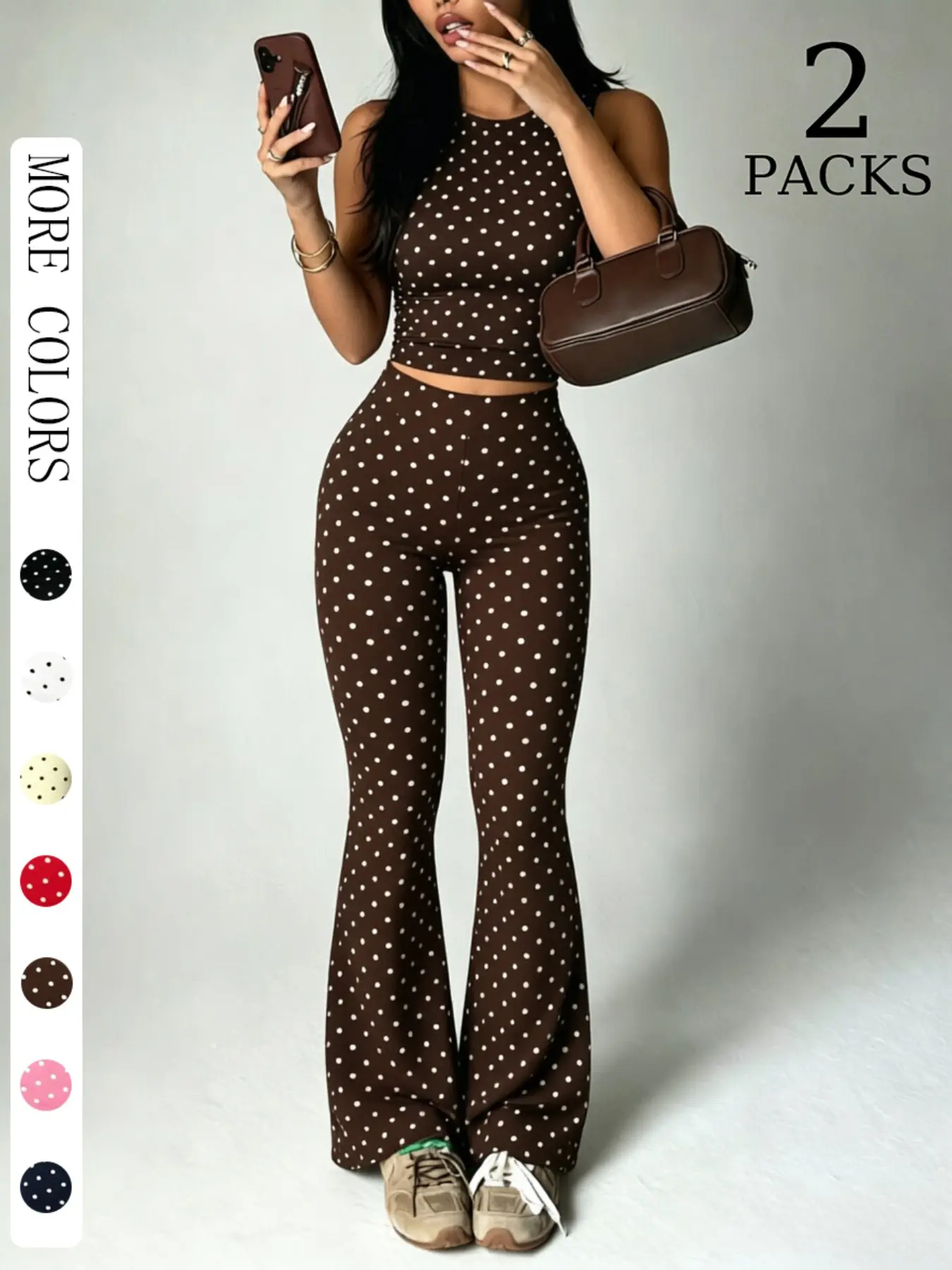 2 Pack Women Polka Dot 2 Piece Outfits, Sleeveless High Neck Crop Top and Flare Leggings Set, Seamless Bodycon Bell Bottom Pants, Trendy Summer Streetwear Outfits, Slim Fit Casual Loungewear for Daily Wear & Going Out Clothes