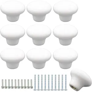 10Pack Ceramic Cabinet Knobs, 1.26Inch/32mm White Round Drawer Dresser Knob Pulls Handle with Screws, for Kitchen Cupboards, Wardrobes, Children's Rooms, Bedroom Furniture & Office Desks