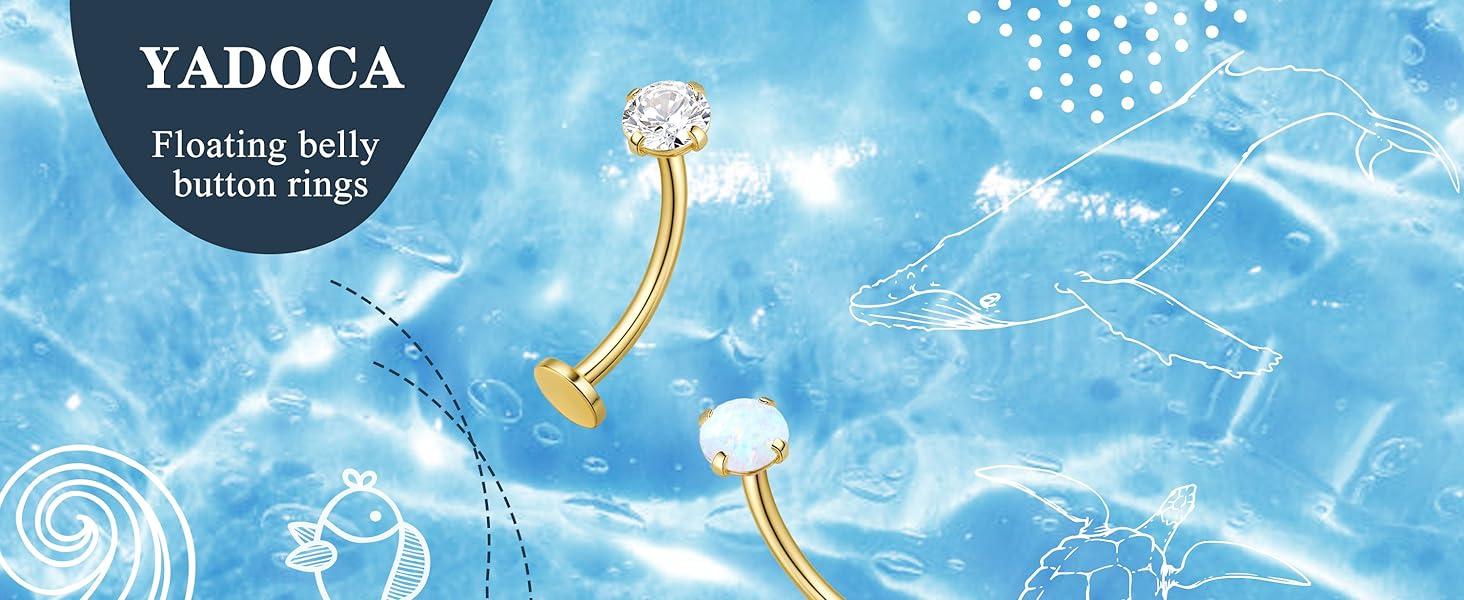 YADOCA 7PCS Floating Belly Button Ring for Women Hypoallergenic Surgical Stainless Steel Belly Rings Internally Threaded CZ Opal Long Bar Navel Barbell Flat Back Belly Piercing 12/14MM Silver Gold