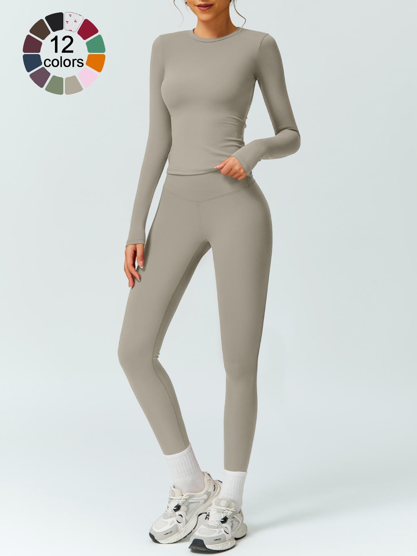 Women's Solid Color Long Sleeve Tee & High Waist Leggings Workout Set, Sporty Comfy Breathable Outfits for Gym Running, Workout Running Clothes, Ladies Fall & Winter Sportswear