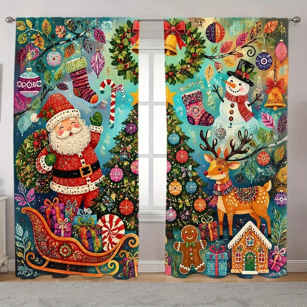 2-Pack Christmas Window Curtains, Santa Claus Pattern, Privacy Protection, Semi-Transparent Rod Pocket Design, Home Decor for Living Room, Bedroom, Kitchen