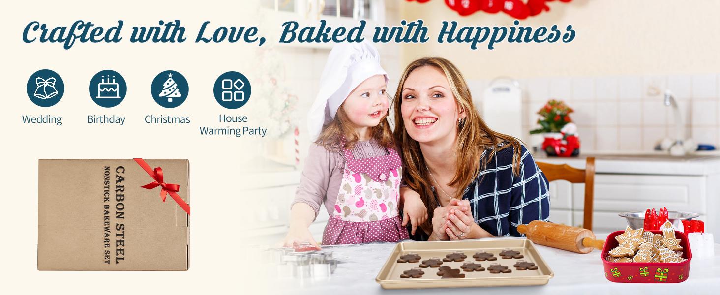 Baking Pans Set, Nonstick Stackable Bakeware Sets, Oven Pans for Cooking, 6 Pieces Baking Sheets Set Including Cookie Sheet, Deep Roaster , Square, Loaf , Muffin , Carbon Steel