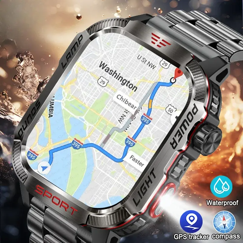 Military GPS Smart Watch for Men, 600mAh Battery, IP68 Rated Waterproof, Compass Flashlight, Outdoor Sport Tracker, Bluetooth Call Smartwatch Compatible with iOS 8+ Android 5+