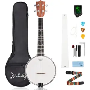 4-String Banjo Ukulele | Banjolele 23" Sapele  with Remo  & Nylon Strings | Dark Brown Travel Kit (Bag, Tuner, Picks) - BU806
