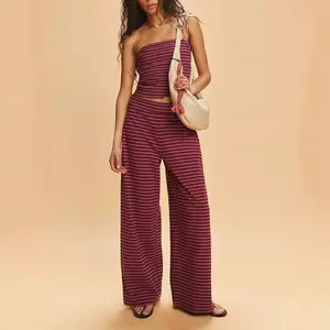 Women's Casual Color Matching Stripe Slim Tube Top & Low-Rise Wide Leg Trousers Co-ord, Lightweight Wrinkle-Resistant Spring & Summer Outfits, Skin-Friendly Two Piece Sets