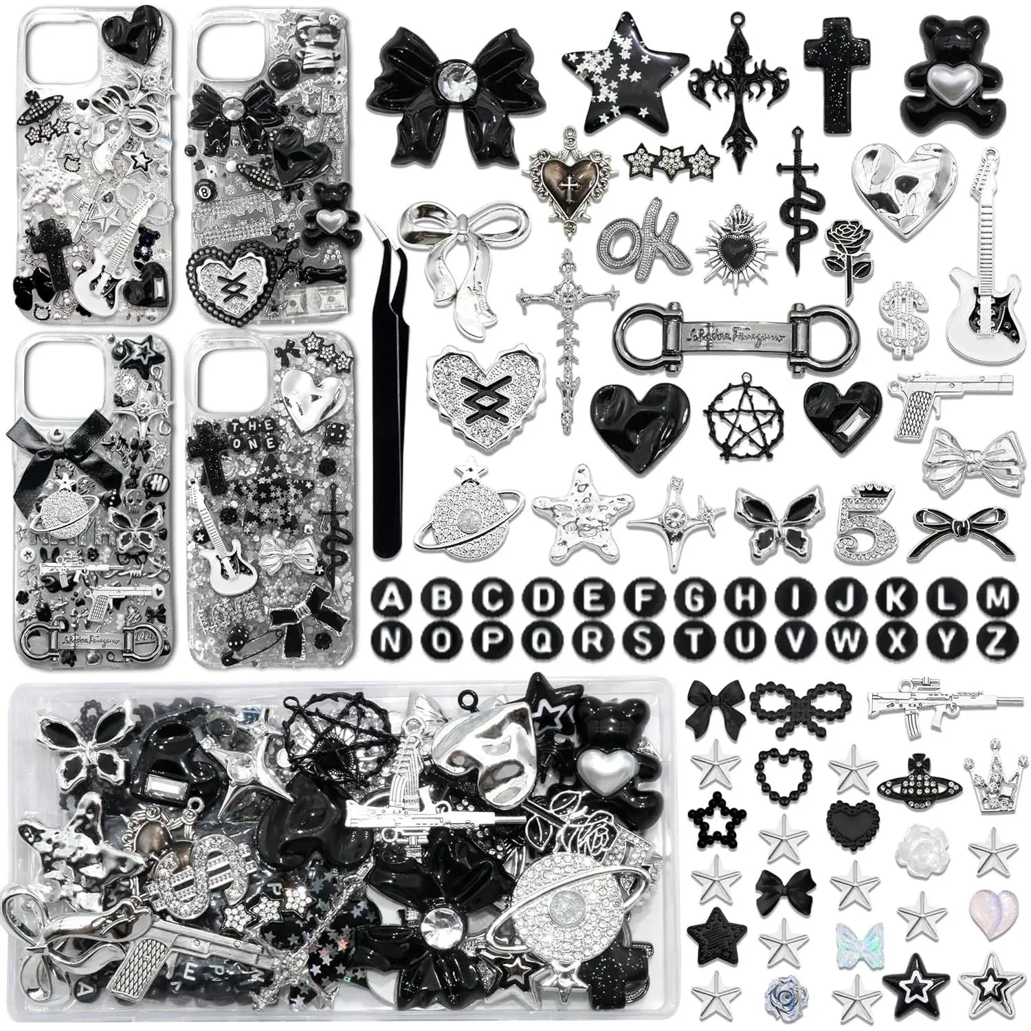 BELICEY Black Junk Case Charms Punk Snake Cross Charm for Phone Cases 3D Silver Rhinestone Heart Star Cell Phone Junk Charms Resin Bow Guitar Gun Cherry Rose for Customizing DIY Craft