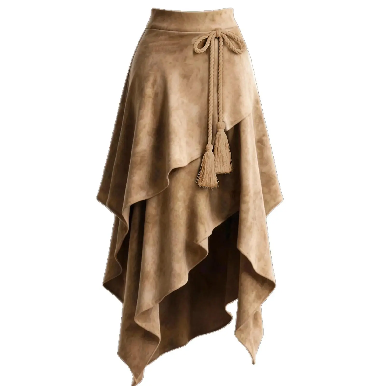 Women’s Western Faux Suede High-Waist High-Low Midi Skirt - Asymmetrical Ruffle Hem, Braided Rope Tassel Tie, Cropped Fabric Details, Bohemian Cowgirl Festival Bottoms