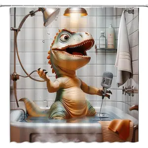 Funny Dinosaur Shower Curtain Cool Cartoon Green Animal in Bathtub Bubble Brick Wall Fantasy Wildlife Fabric Bathroom Decor Curtains with Hooks,70 x 70