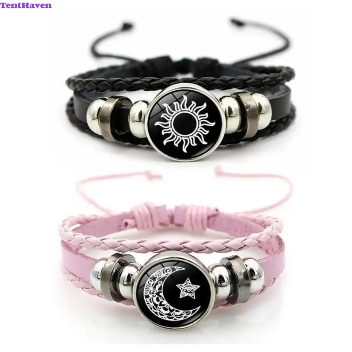 Bracelets, Couple Wrist Jewelry, Sun Moon Leather Bracelet, Multi-Layer Braided PU Leather Matching Bracelet Set With Round Glass Cabochon Charms And Adjustable Extension Cord For Punk Vintage Lovers, Women And Men Matching Pairs, For Daily Outfits, Gothi