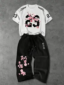 Men's Summer Digital Cherry Blossom Print Round Neck Short Sleeve T-Shirt + Drawstring Casual Sports Pants, Loose Fit, Outdoor Wear