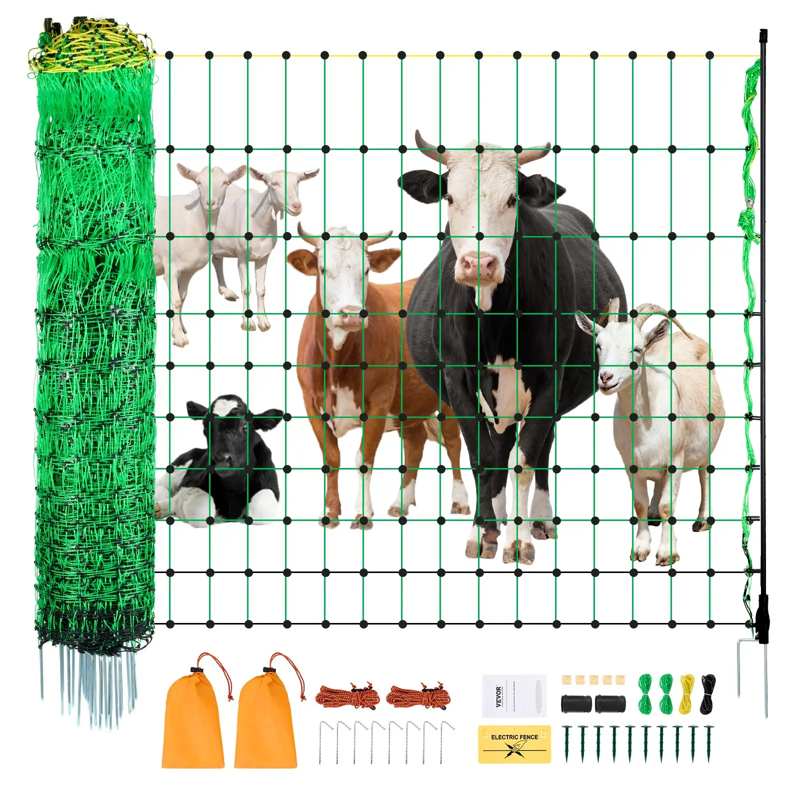 VEVOR Outdoor Electric Fence Netting, 42 in (h)x164 ft (l) PE Net with Double Spike Posts, Portable Setup Utility Fence for Pigs, Ranches, Backyards