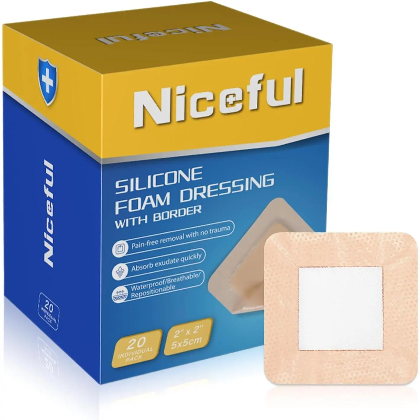 Bordered Silicone Foam Wound Dressings (2X2 Inch (20 Pcs)) - 5-Layer Absorbent Healthcare Plasters with Waterproof Border, Silicone Gel, Gentle Adhesive, Easy to Remove, Moisture Control for Pressure Ulcer, Minor Burns, Bandages for Wounds, Donor Sites