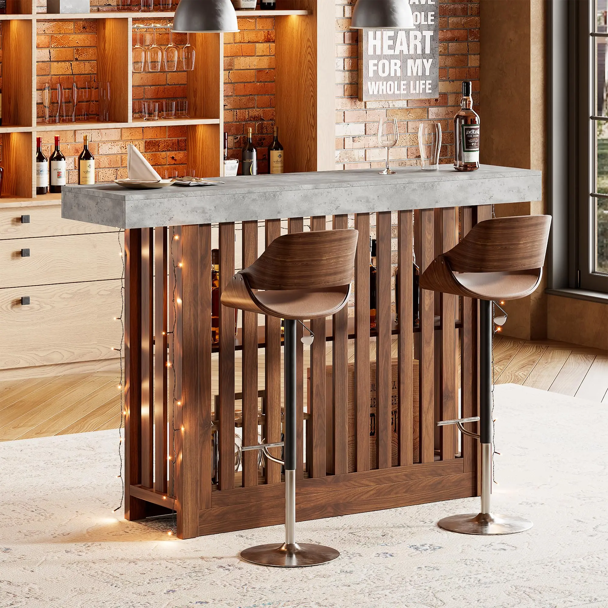 Modern 63" Counter Height Bar Table with 2-Tier Storage Shelves – Pub & Breakfast Table for Dining Room, Kitchen Island, Bistro, Living Room – Easy Assembly – White + Walnut / Gray + Brown Faux Marble