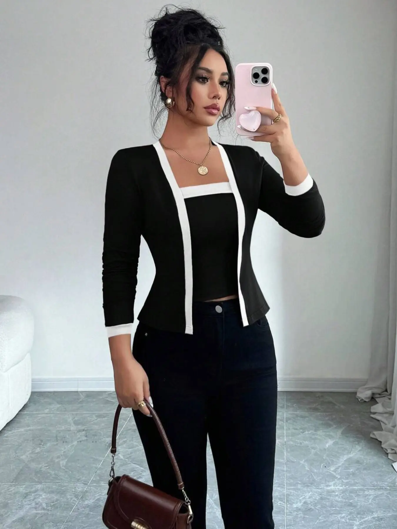 Women's 2-Piece Knit Patchwork Elegant Long Sleeve Cardigan and Tank Top Set, Fall Fashion, Daily Commute Wear, Stylish