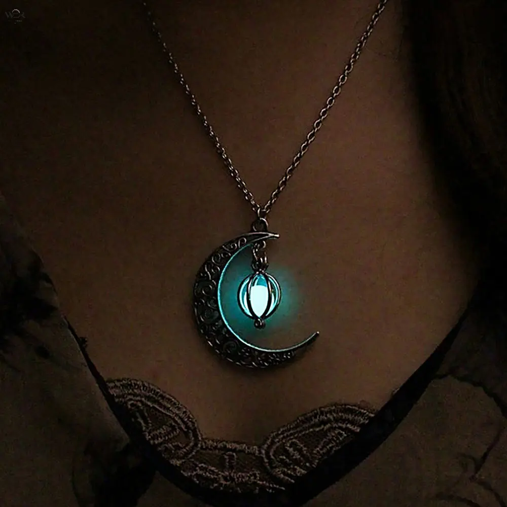 Glow In The Dark Filigree Crescent Moon Pendant Necklace, Luminous Cage Ball Moon Chain, Multi-Color Light Glowing Hollow Moon Necklace, Vintage Silver Celestial Night Glow Jewelry Gift for Women Girls