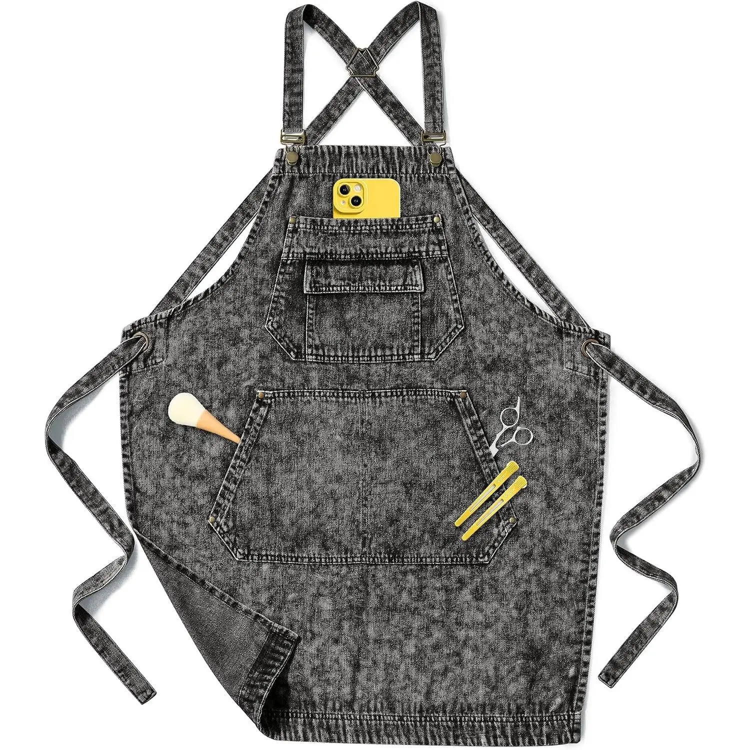 Denim Apron with Pockets for Hair Stylist Gardening Craftsmen Barista Women Hairdresser Jean Work Apron Cross Straps