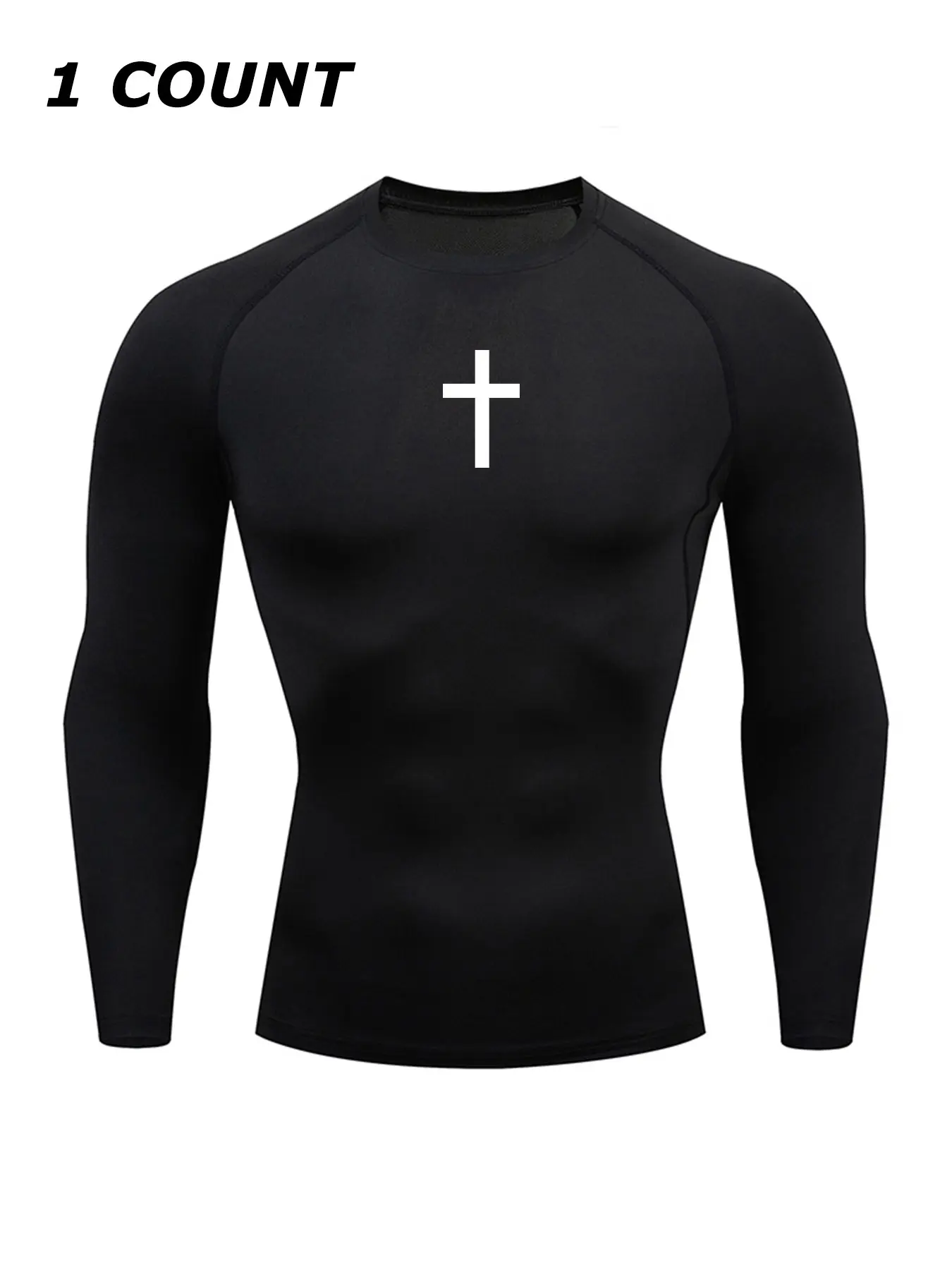 Men's Cross Print Round Neck Sports Tee, Tight Sporty Quick Drying Breathable Long Sleeve T-shirt, Men's Sportswear for Spring & Fall Gym Workout, Athletic Style High Performance Activewear, Quick Drying Top, Sports Tops