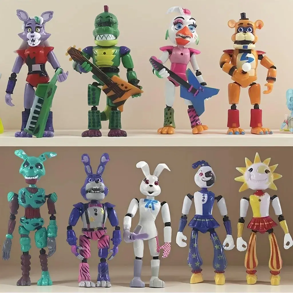 9pcs Unisex Articulating Animal Figurines Toyset - Movable-Joint Sundrop, Bonnie Bear, Foxy Action Figures, Classic Novelty Collectibles for Kids' Birthday Gifts, Articulating Figurine