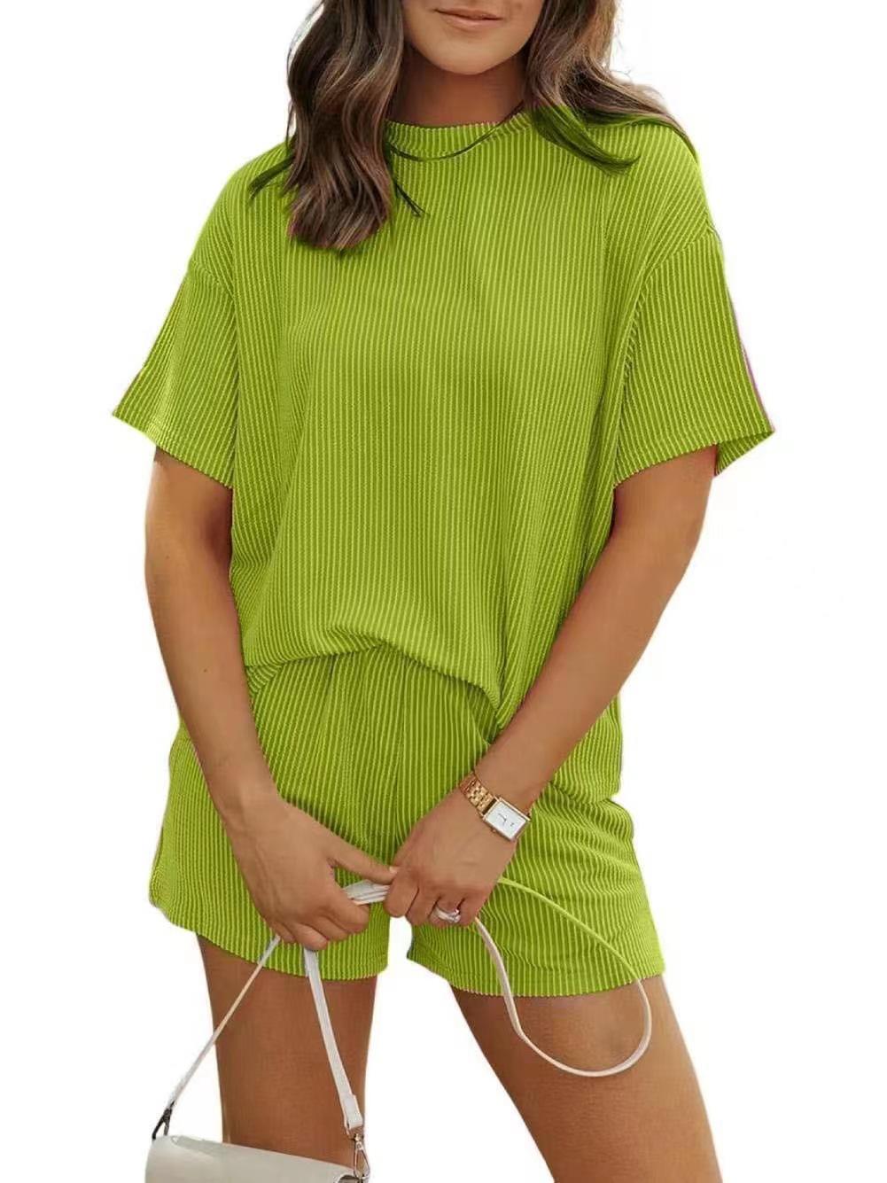 Women's Ribbed Textured Lounge Shorts Set - Short Sleeve Pajamas with Pockets - Mother's Day Gift