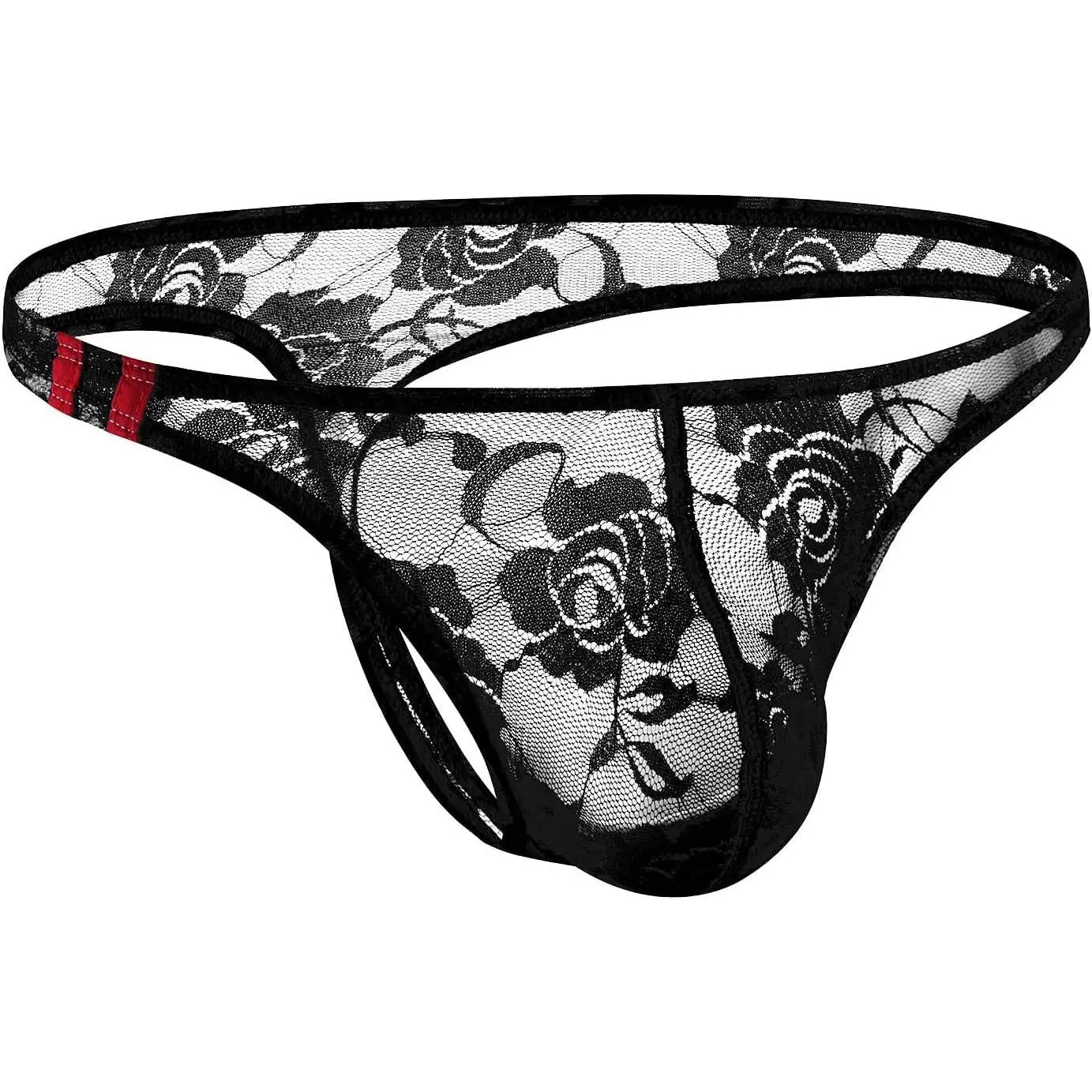 Menswear Men's Low-Rise Thong Underwear - Sexy Lace, See-Through Floral, Mesh Lingerie for Femboy Style