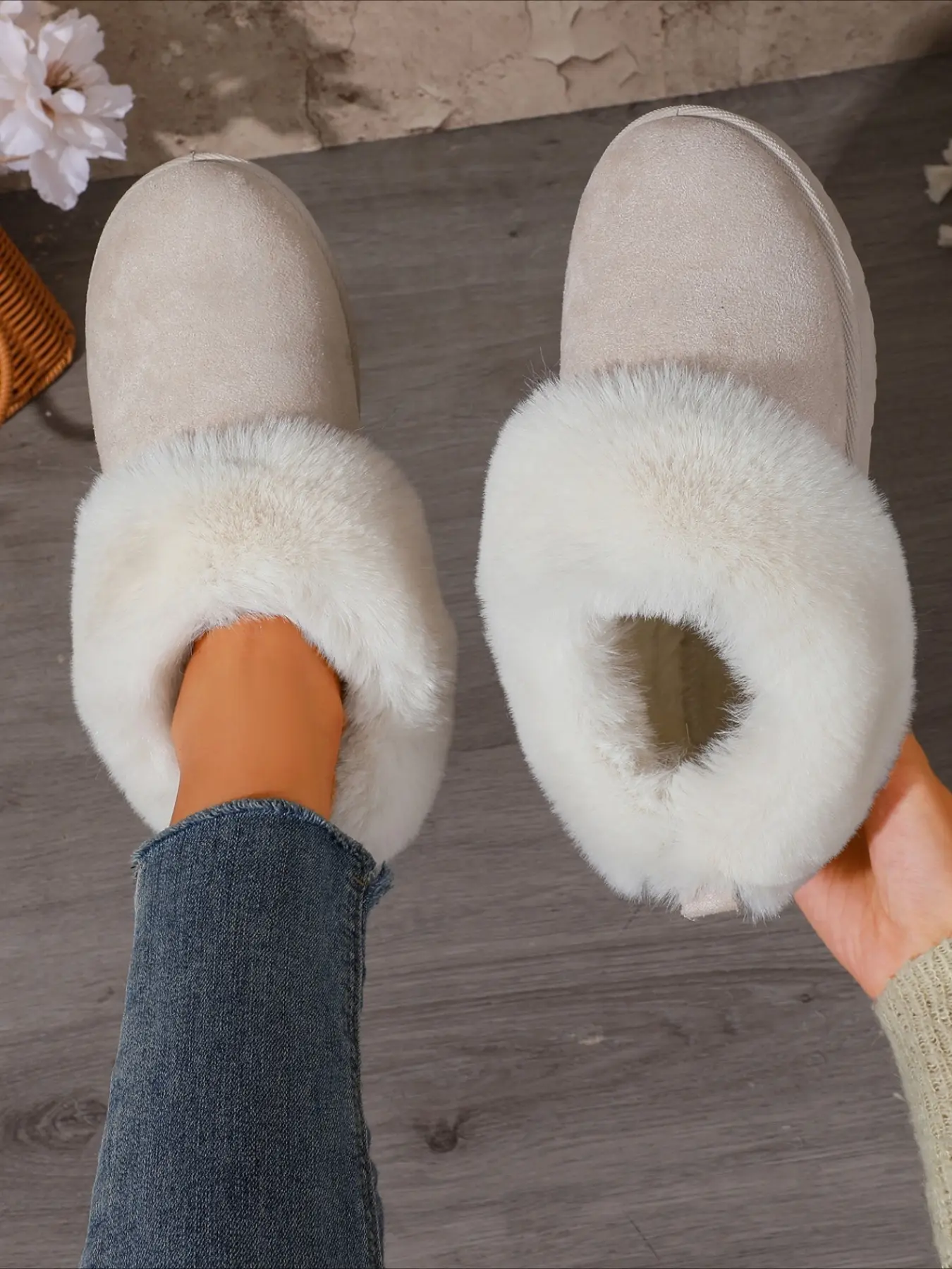 Slip-on snow slippers with fluffy wide trim flat anti-slip sole warm plush lining multi-color casual indoor outdoor women winter footwear